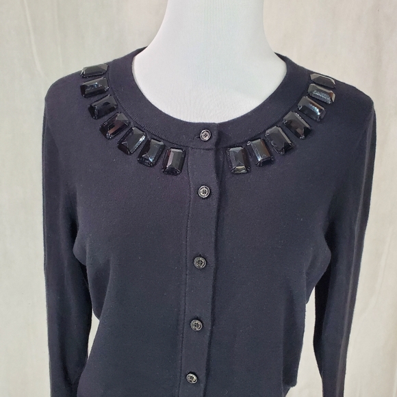 Kate Spade Cardigan Sweater Embellished Jeweled Beaded Collar Black Women’s M - Picture 6 of 15